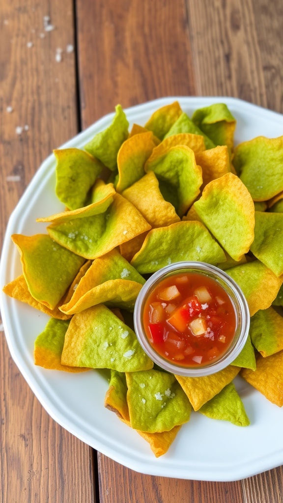 Crispy green tortilla chips served with salsa on a rustic wooden table.
